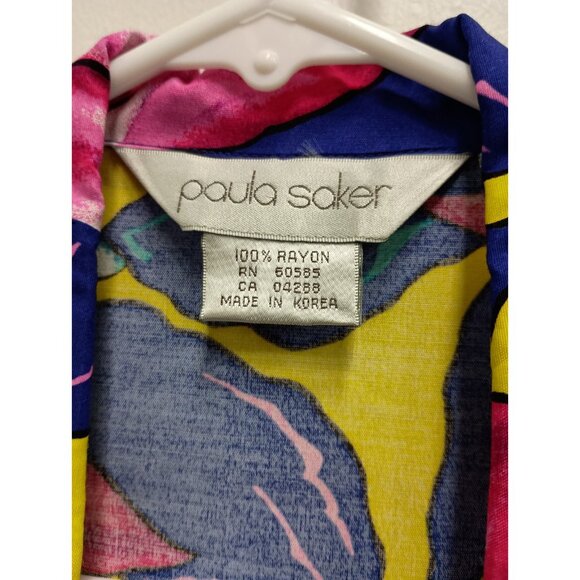 VTG 80s Paula Saker Dress Womens Size 14 Floral Colorful Tropical Midi - Picture 5 of 10